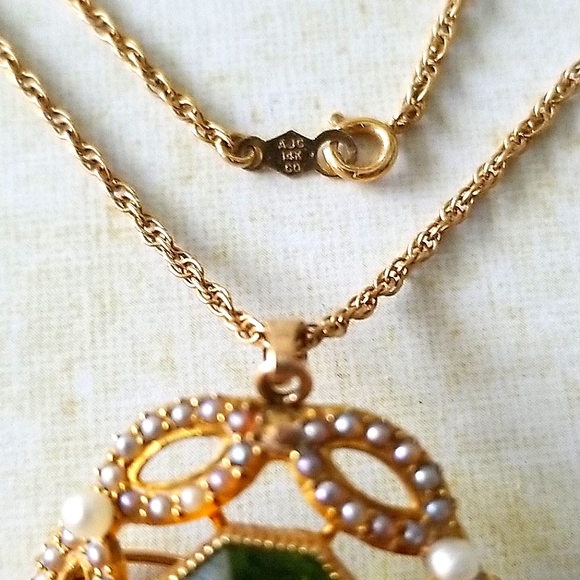 Vintage 14k Gold Cultured Pearl and Peridot Pendant Brooch Combo Necklace - Picture 8 of 16